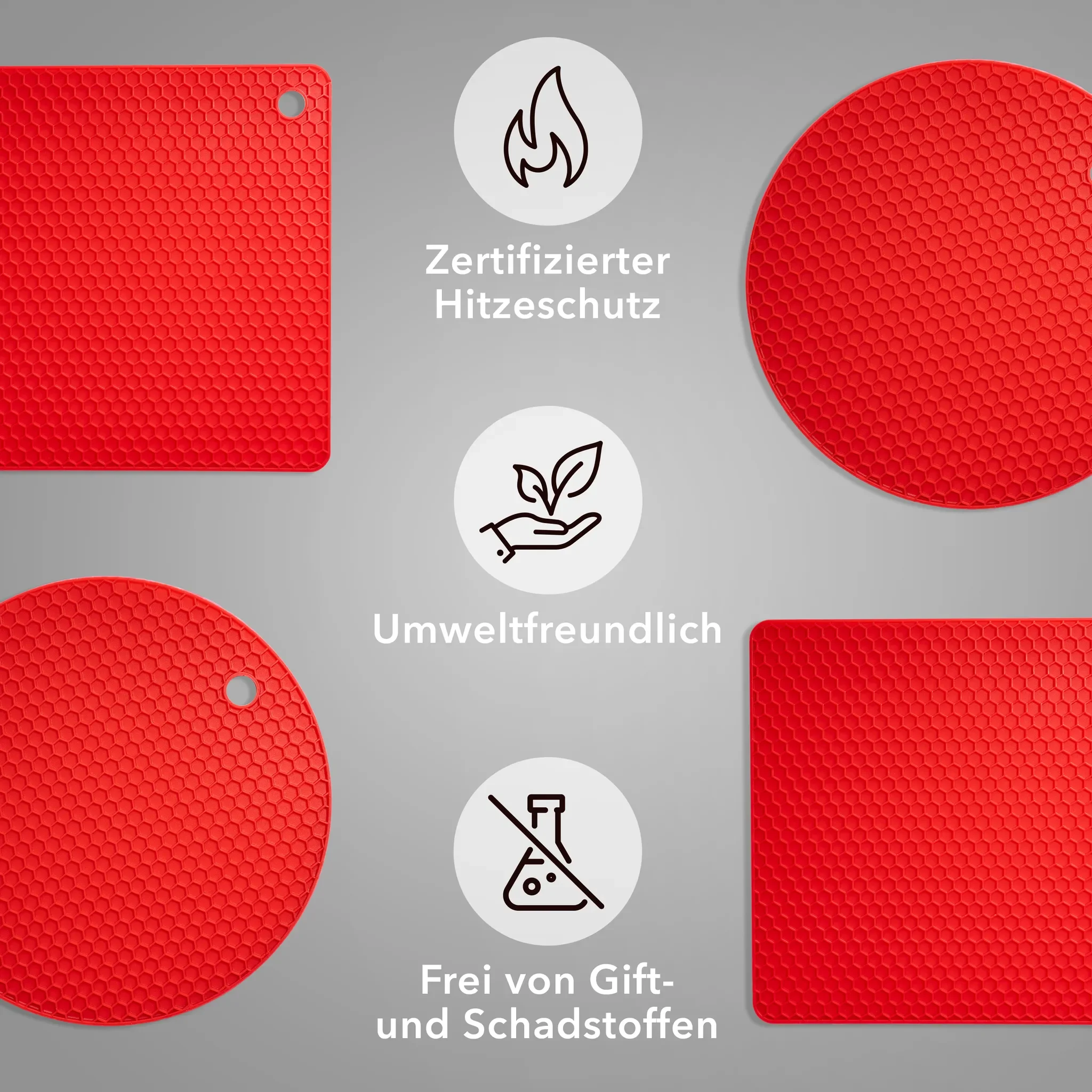 AVANA Silikon Untersetzer – 4er Set (2x Rund, 2x Vier­eckig) – Rot